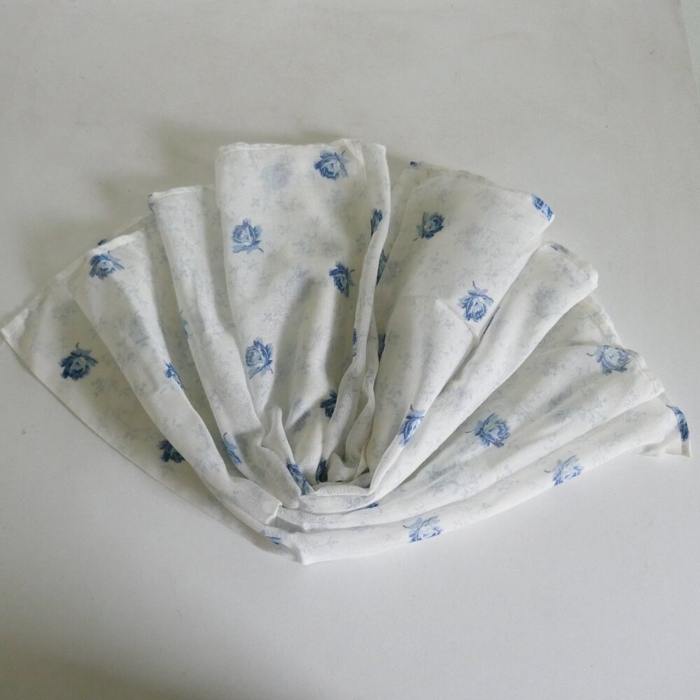 vintage 70s delicate sheer white scarf blue roses